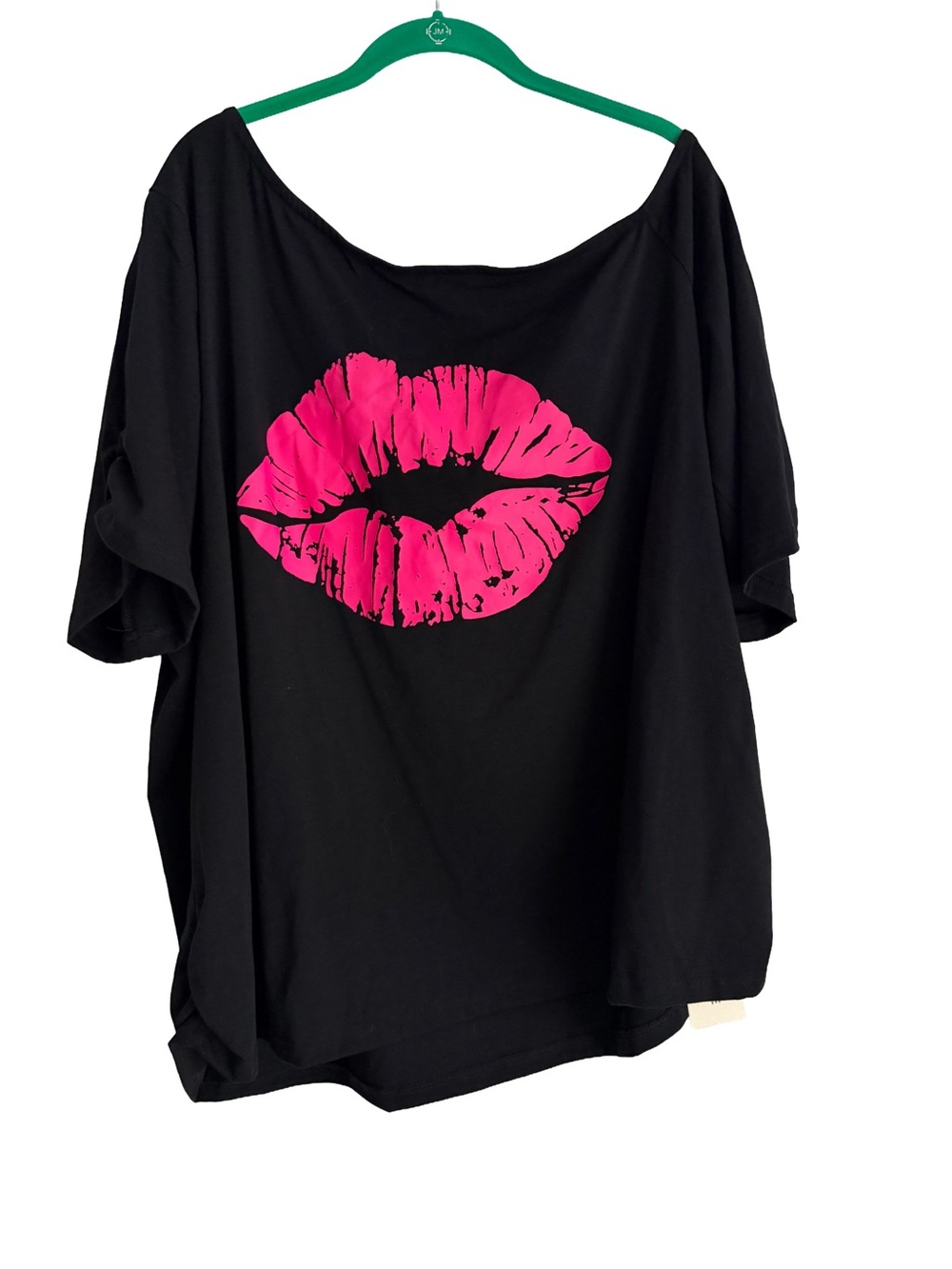 SHEIN Black Off the Shoulder Graphic T-Shirt Hot Pink Lips Ruched Size 20w 4x